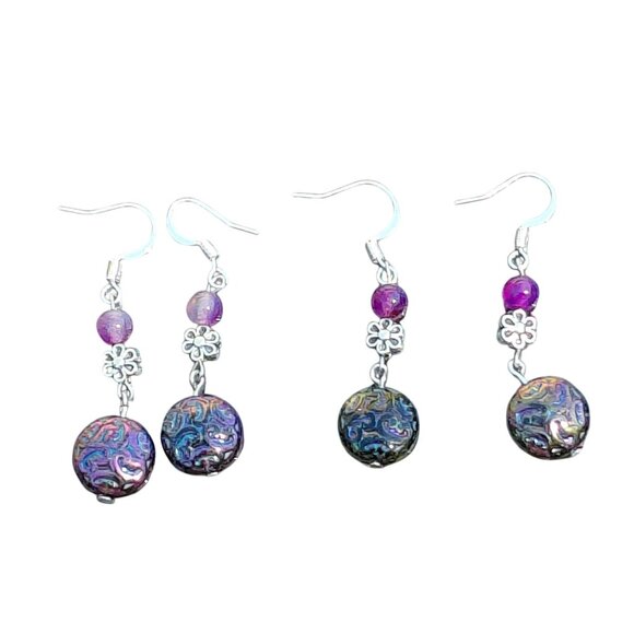 Czech glass pressed floral disk dyed agate beads 925 silver plated wires - Picture 2 of 2